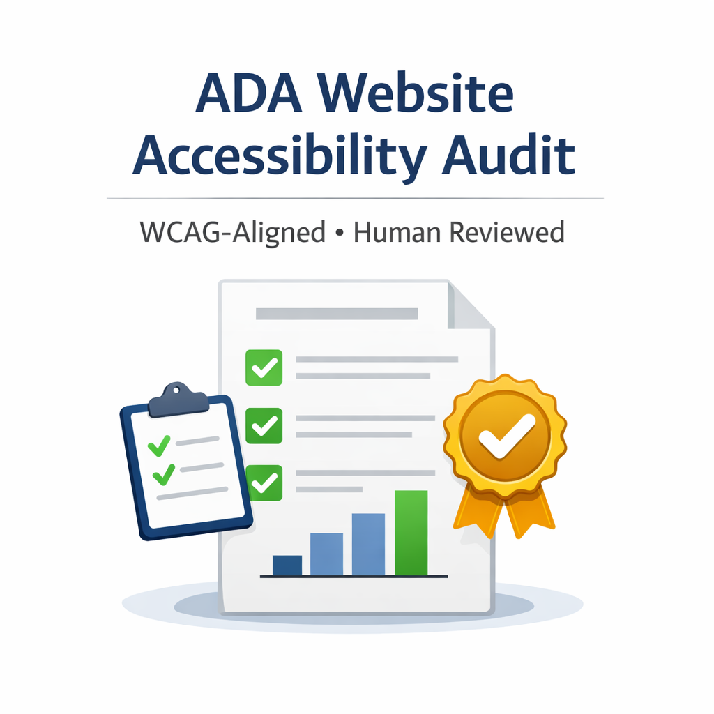 ADA website accessibility audit report graphic showing WCAG-aligned, human-reviewed checks