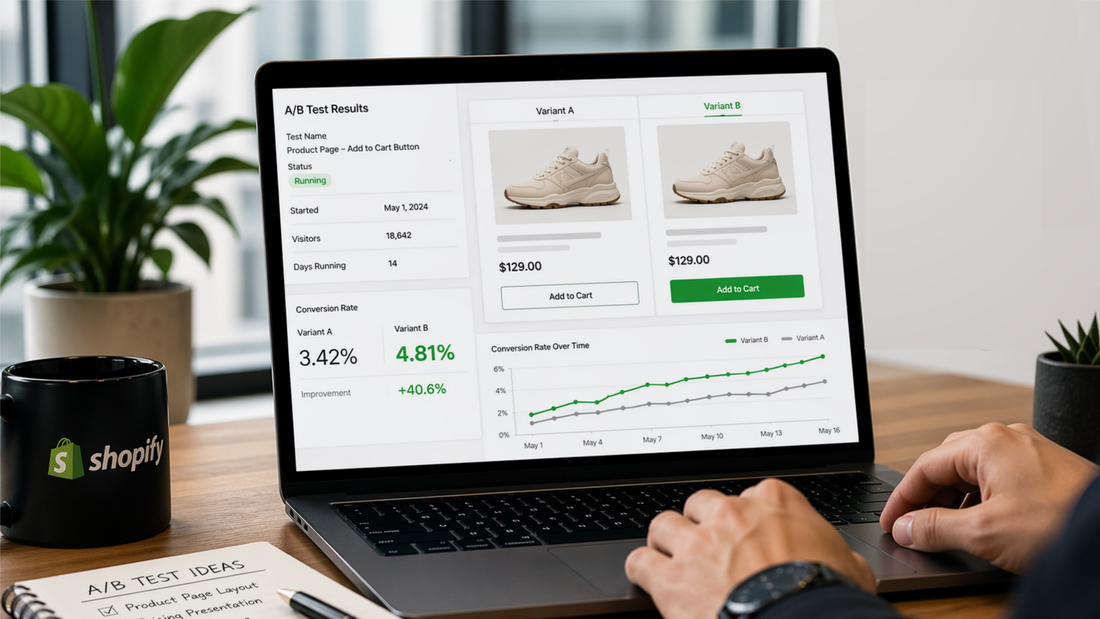 Modern office workspace with laptop showing Shopify A/B test results, hands at keyboard, and analytics focused ecommerce setup