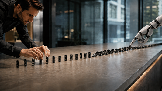 Human setting up dominoes as a robotic hand triggers a chain reaction, representing risks from isolated AI-generated code