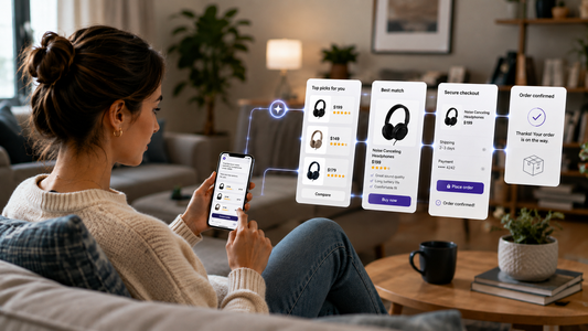 Woman using a smartphone as an AI shopping assistant compares products and guides her toward checkout