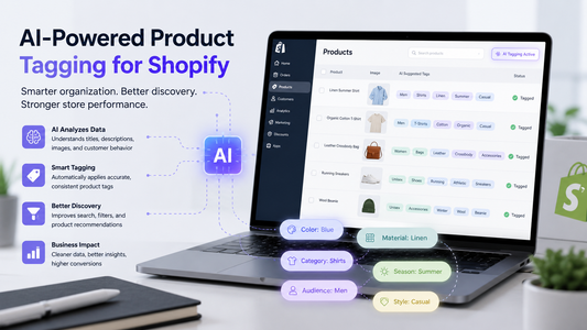 AI powered Shopify product tagging dashboard showing automated tags, product data, and ecommerce catalog organization.