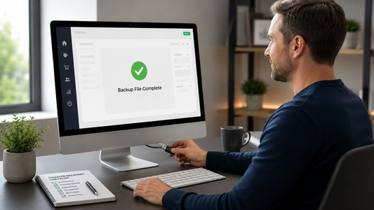 Store owner reviewing ecommerce backup and recovery plans at a desk