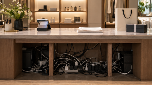 Elegant retail checkout counter with clean storefront styling above and tangled cables hidden underneath