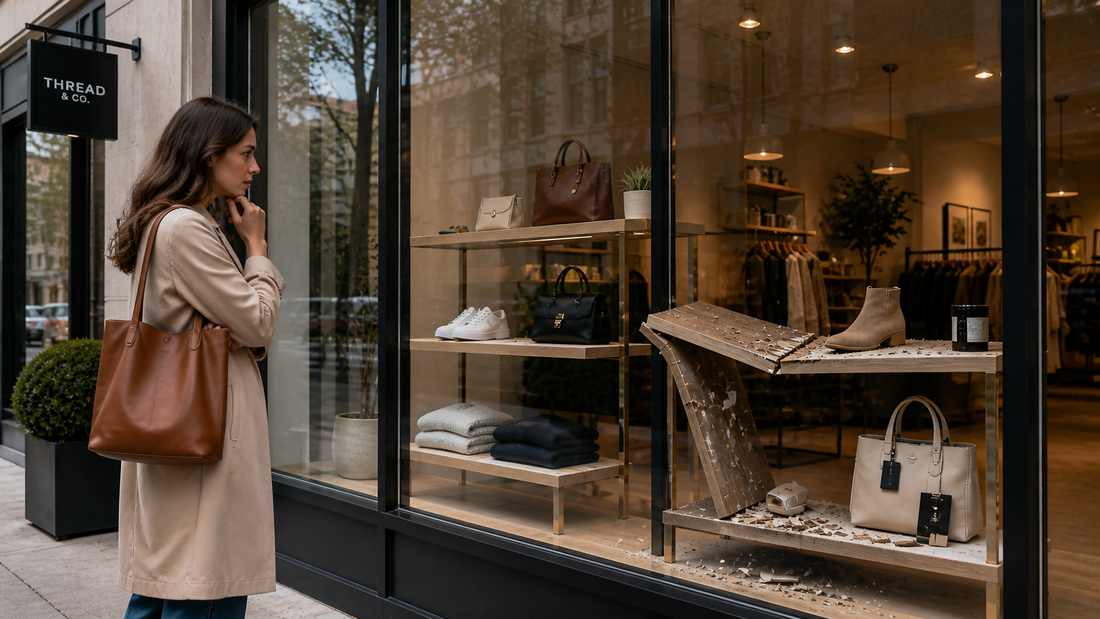 Retail storefront window that appears perfect outside but reveals subtle damage and disorder inside