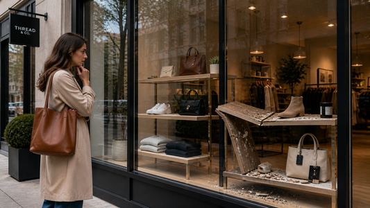 Retail storefront window that appears perfect outside but reveals subtle damage and disorder inside