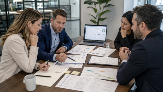 Business team reviewing a Shopify agency proposal with ecommerce strategy notes and project planning documents