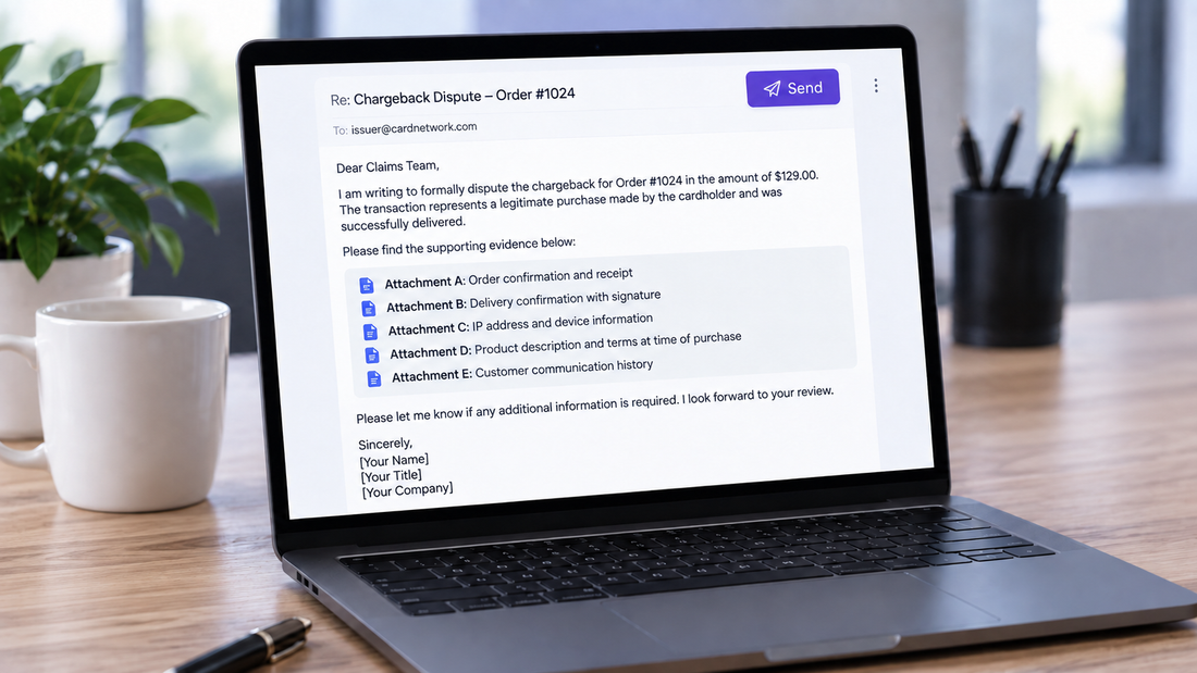 Laptop displaying a Shopify chargeback dispute response with supporting evidence attachments ready for submission