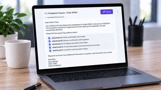 Laptop displaying a Shopify chargeback dispute response with supporting evidence attachments ready for submission