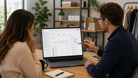 Shopify store owner reviewing a custom app dashboard with a developer