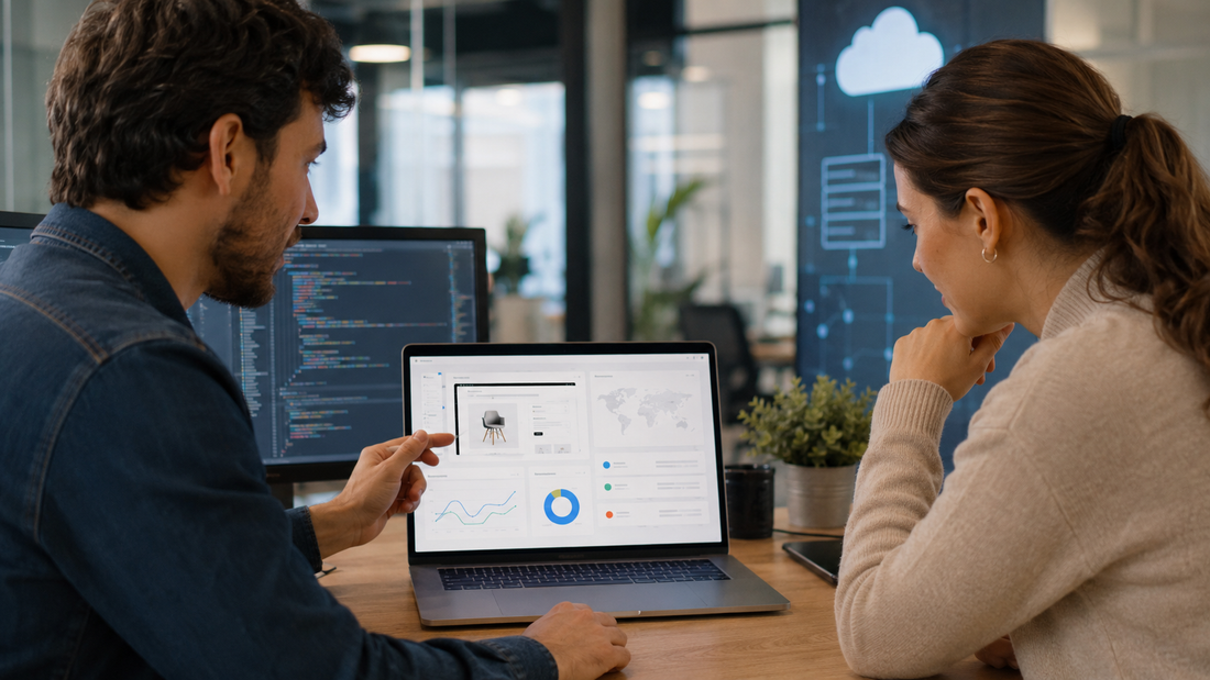 Ecommerce team reviewing a Shopify Hydrogen deployment dashboard on a laptop