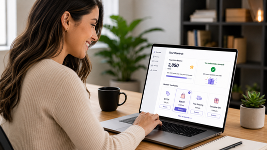 Ecommerce manager reviewing customer loyalty program data on a laptop