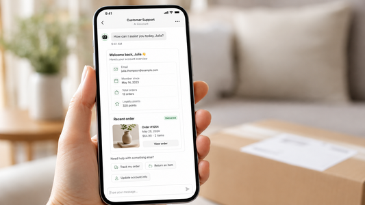 Hand holding a smartphone showing an AI customer support chat with personalized order and account help