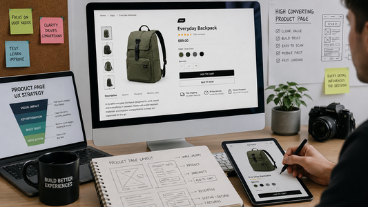 Shopify product page design planning with product photos, UX notes, and conversion strategy on a workspace