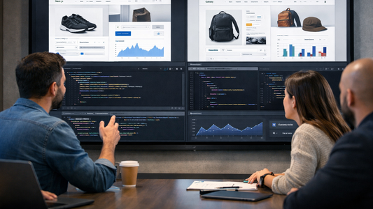 Team reviewing Next.js and Gatsby options for a headless Shopify storefront on a large screen