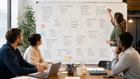 Shopify discovery planning session with a team mapping project scope and store setup on a whiteboard.