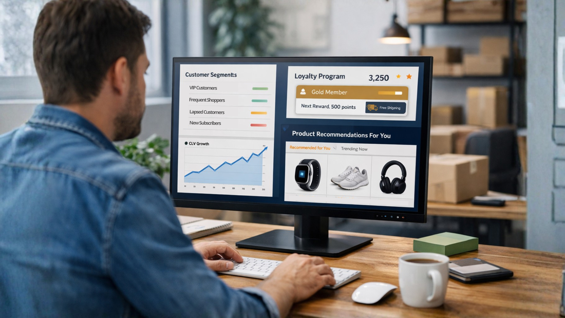 Shopify merchant reviewing customer segments, loyalty data, and personalized product recommendations on a dashboard