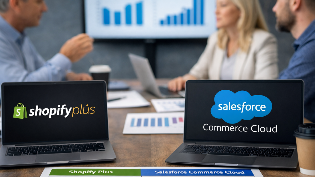 Team comparing Shopify Plus and Salesforce Commerce Cloud on laptops during an enterprise ecommerce planning meeting
