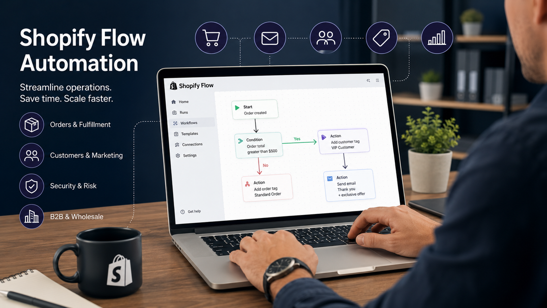 Team reviewing Shopify automation workflows for orders, inventory, marketing, and B2B operations