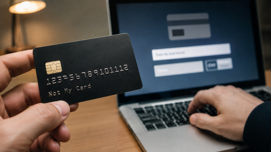 Close-up of a hand holding a stolen credit card while payment details are entered into an online checkout
