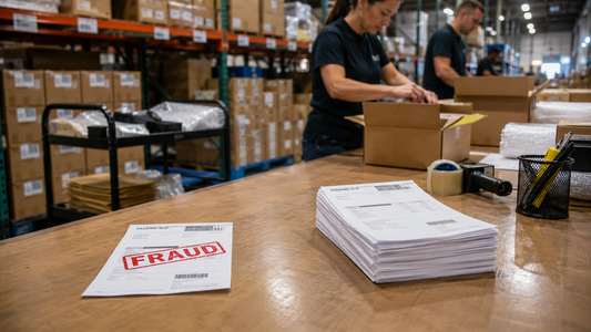 Warehouse packing station with a fraudulent order slip separated from normal packing slips before fulfillment
