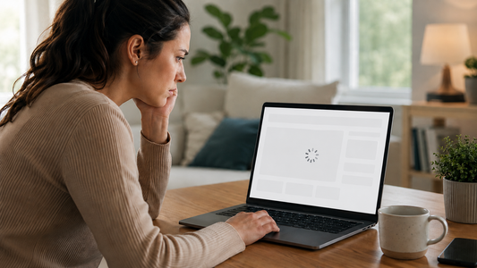 Shopper waiting for a slow ecommerce page to load on a laptop while browsing online
