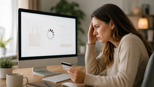 Frustrated online shopper holding a credit card while waiting for a slow product image to load