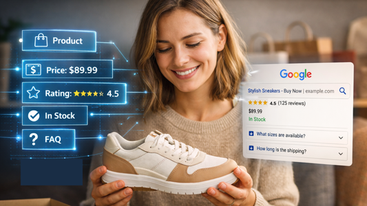 Customer holding newly purchased shoes with digital schema data showing product, price, rating, stock, and FAQ details