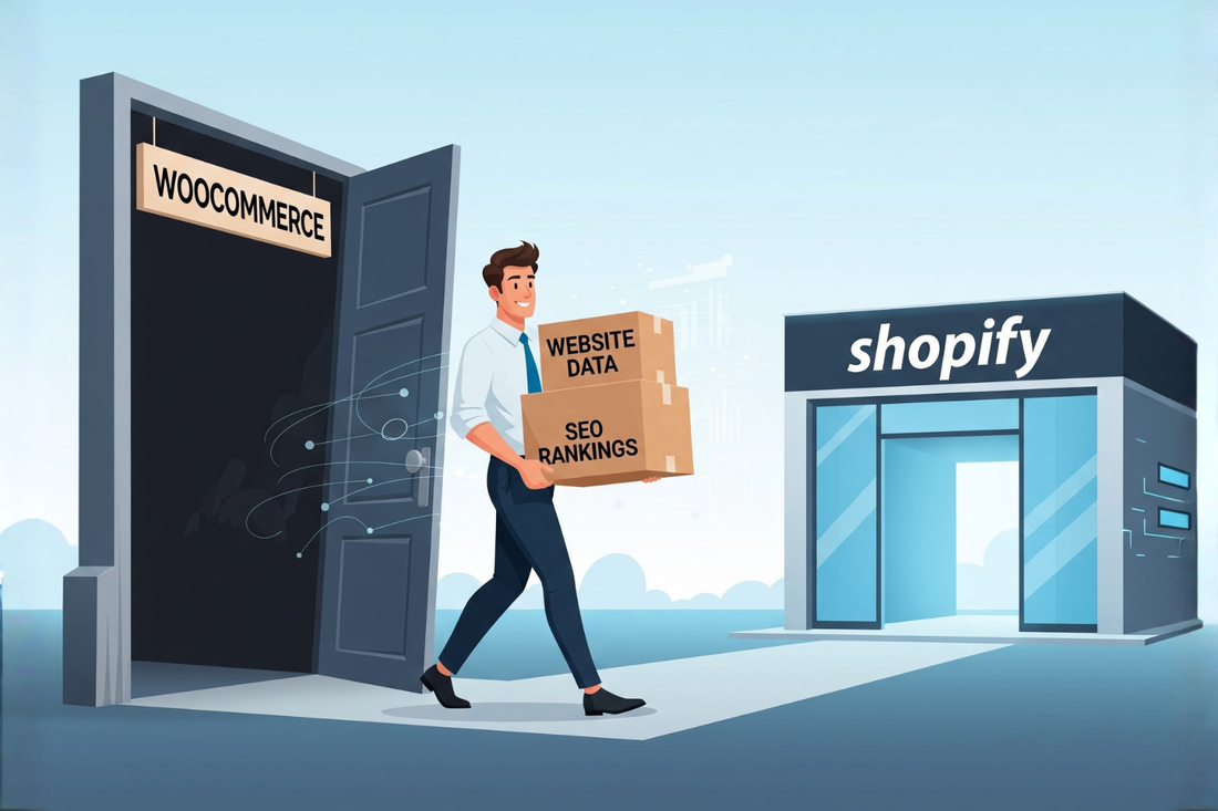 A man leaving WooCommerce with boxes of his website data and SEO Rankings and walking to the Shopify front doors