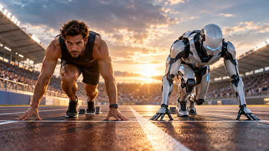 Human sprinter racing a robot at the starting line, representing competition in an AI-driven ecommerce market