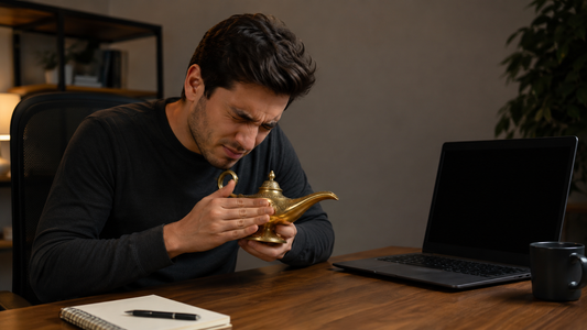 Potential store owner rubbing a genie lamp hoping an ecommerce storefront appears