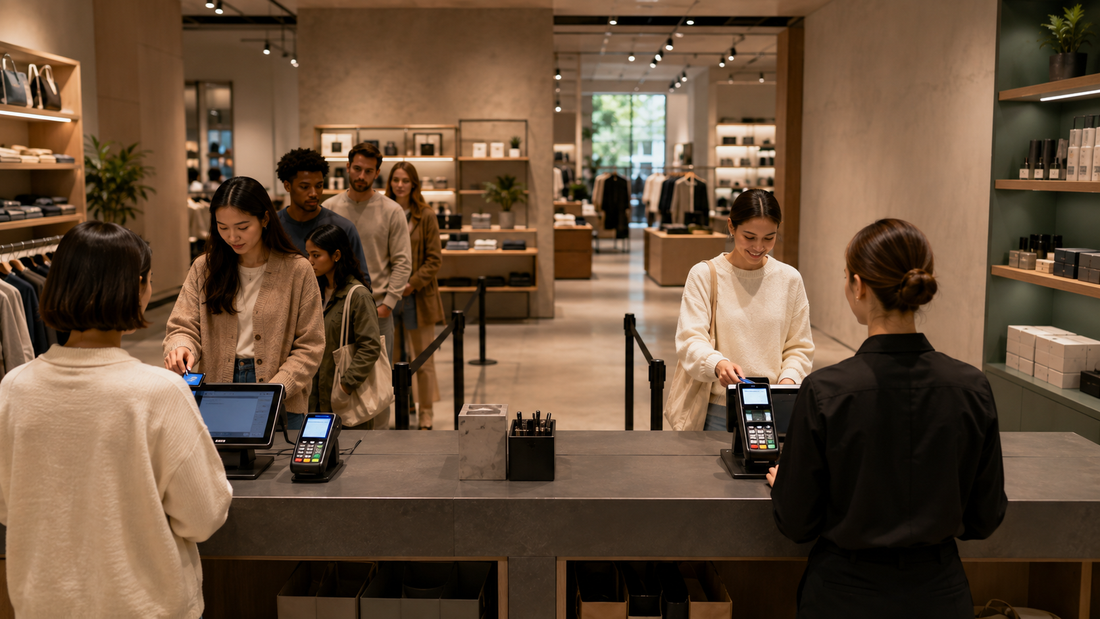 Two side-by-side retail checkout lines show one smooth payment experience and one slower line with waiting customers