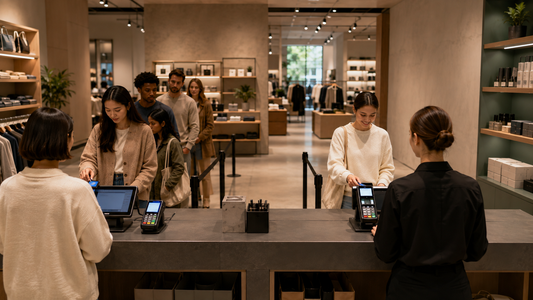 Two side-by-side retail checkout lines show one smooth payment experience and one slower line with waiting customers