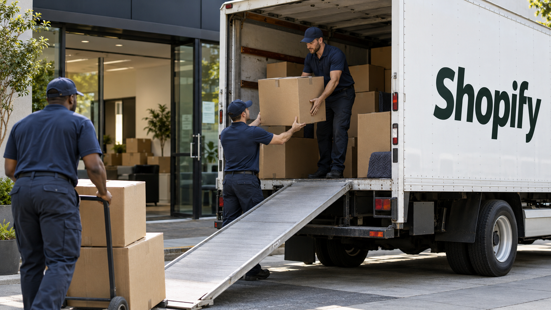 Moving crew carefully loading boxes into a truck to represent an ecommerce business migrating to Shopify