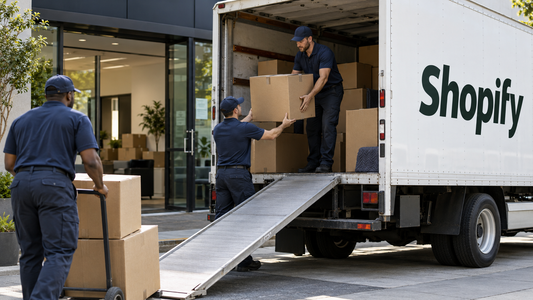 Moving crew carefully loading boxes into a truck to represent an ecommerce business migrating to Shopify