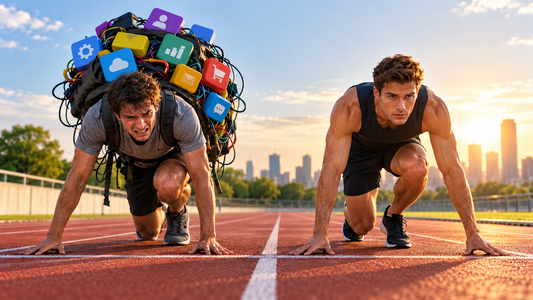Two runners at the starting line, one weighed down by a backpack full of Shopify apps while the other is ready to sprint