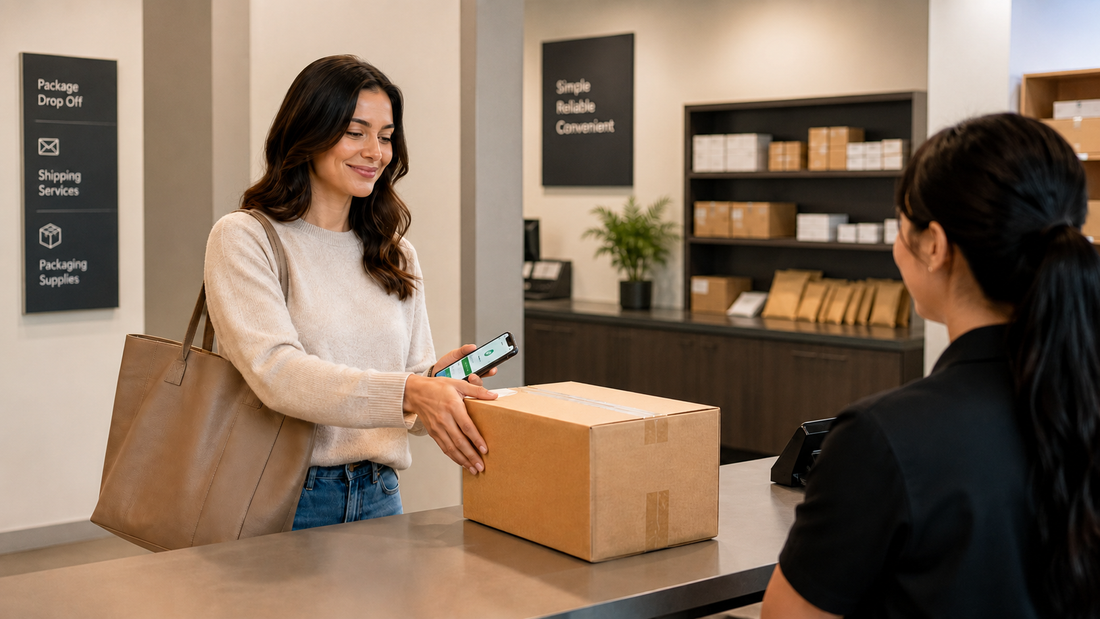 Customer easily handing over a return package at a shipping counter after completing the return process online.
