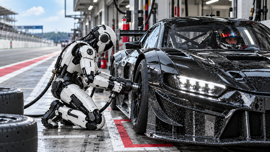 Robot changing a race car tire during a pit stop while the driver remains in control