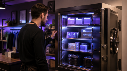 Shop owner securing digital product files, license keys, and access controls inside a vault