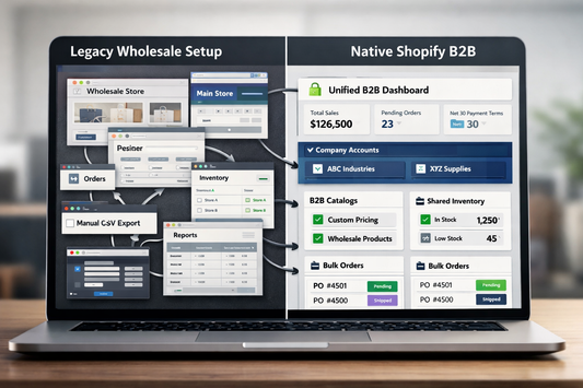 Comparison of Shopify B2B dashboard and legacy Shopify Plus Wholesale Channel wholesale store architecture