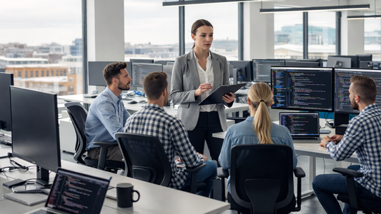 Shopify support and maintenance strategy meeting with development team reviewing code in a modern office environment