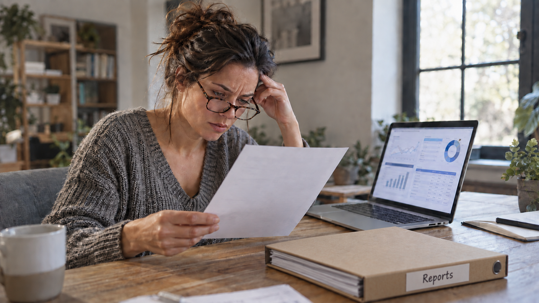 Store owner reviewing a printed report at her desk with a laptop analytics dashboard and a labeled reports folder nearby