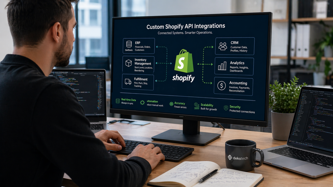 Developer at a desk reviewing Shopify API integrations, code, and connected business systems on multiple screens.