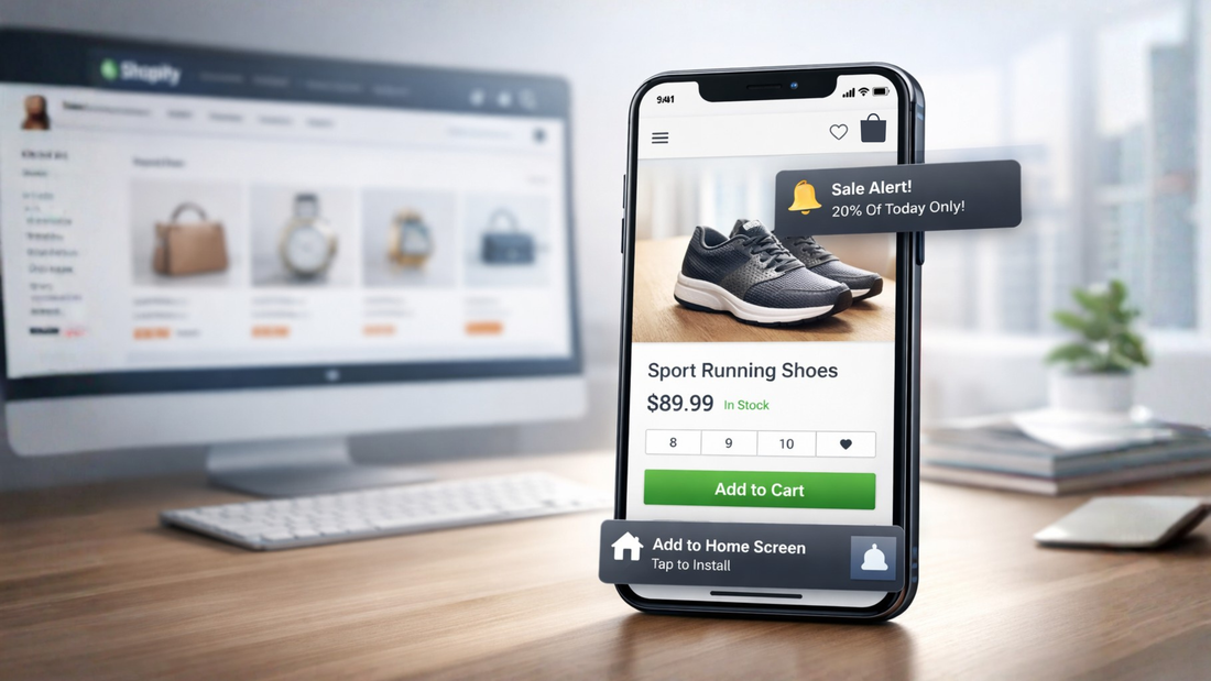 Shopify storefront displayed as a progressive web app on a mobile device with fast product browsing