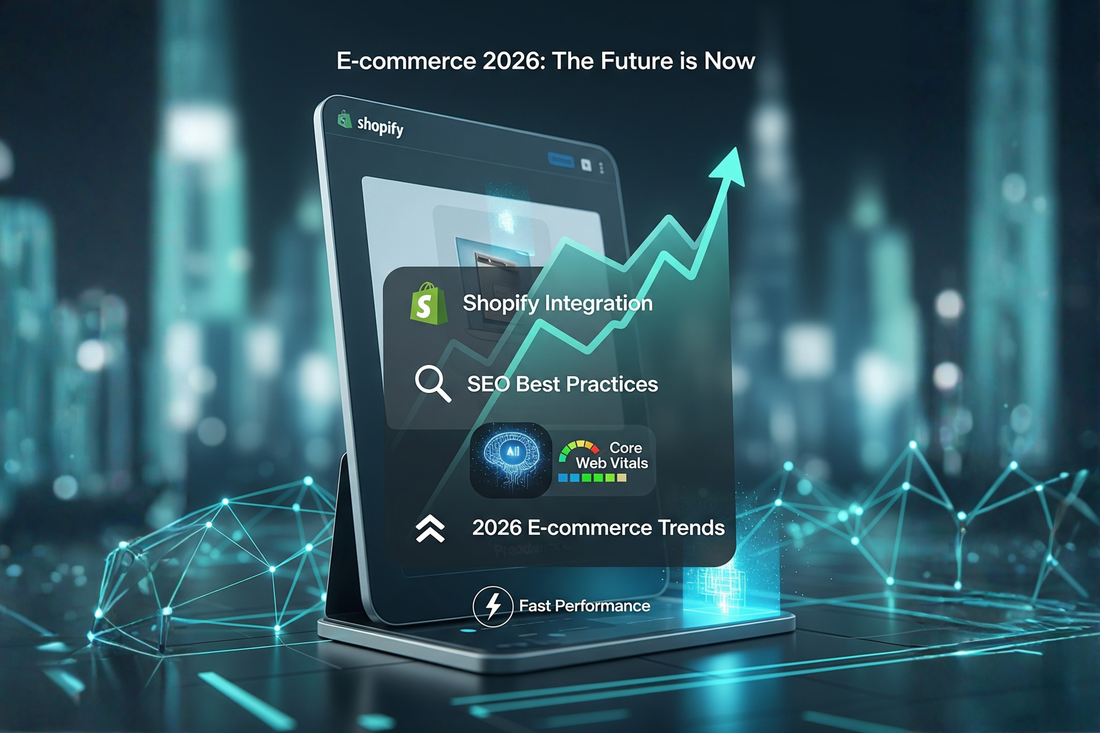 Shopify SEO checklist for 2026 highlighting Core Web Vitals, AI-driven search optimization, and ecommerce performance growth