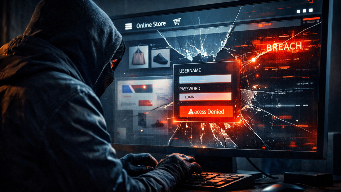 Shadowy hacker attempting to break into an ecommerce website on a glowing screen