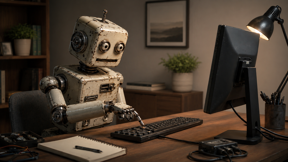 Ai robot using one finger to type at a computer in a warm office workspace