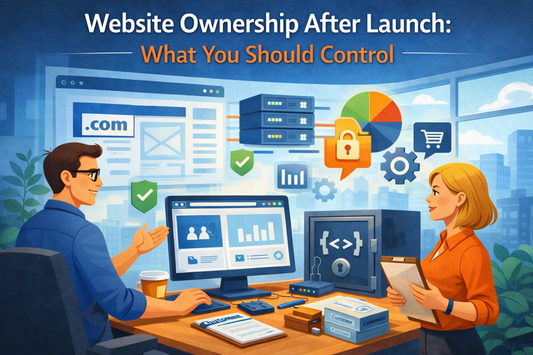Illustration showing website ownership after launch, with icons for domain control, security, analytics, and customer data management.