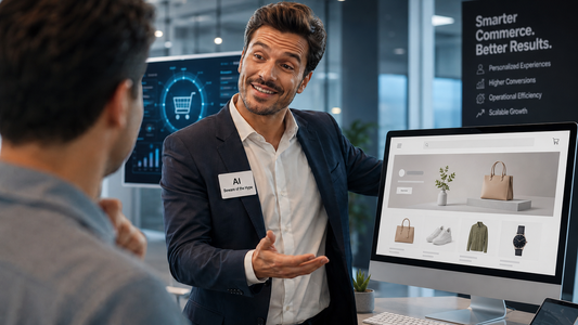 Salesman wearing an AI name tag presents an ecommerce website while warning Shopify brands to beware of the hype.