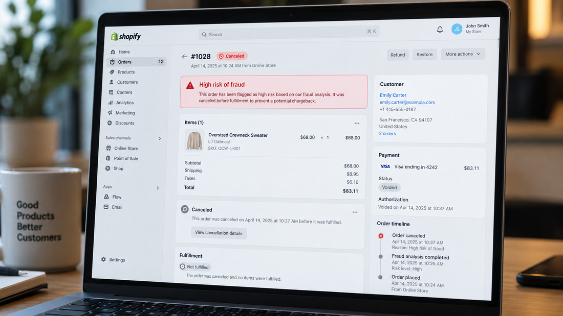 Shopify admin order flagged as high risk of fraud and canceled before fulfillment to help prevent a chargeback.