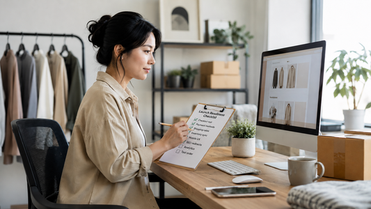 Female Shopify store owner reviewing a launch readiness checklist while comparing her ecommerce site on a desktop computer.